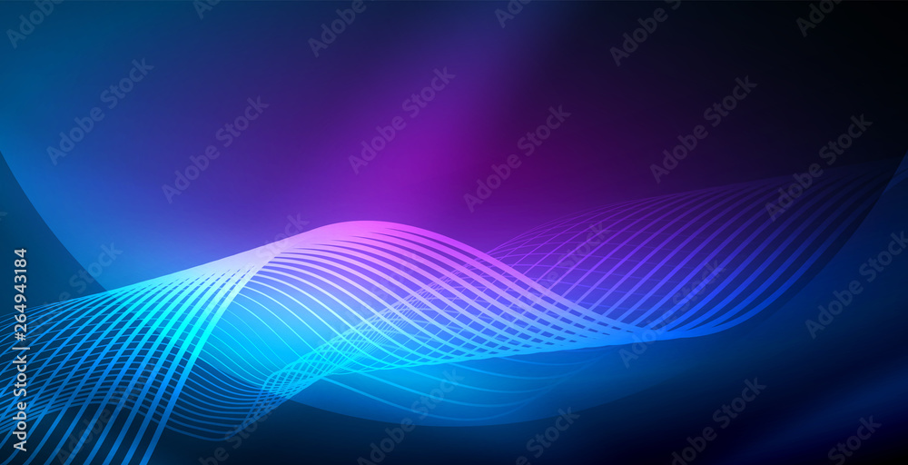 Glowing abstract wave on dark, shiny motion, magic space light. Vector techno abstract background
