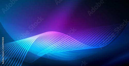 Glowing abstract wave on dark  shiny motion  magic space light. Vector techno abstract background