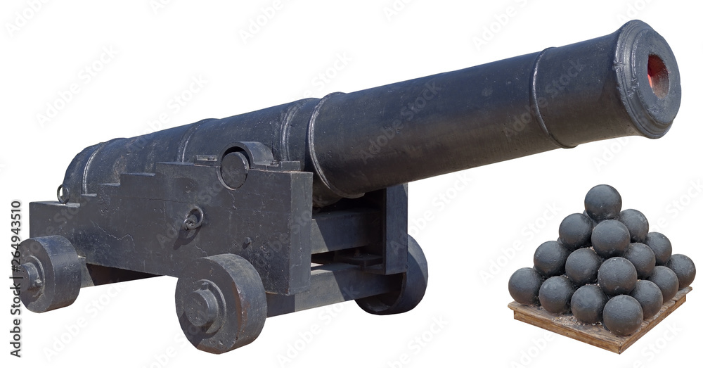 Old ship cannon on white