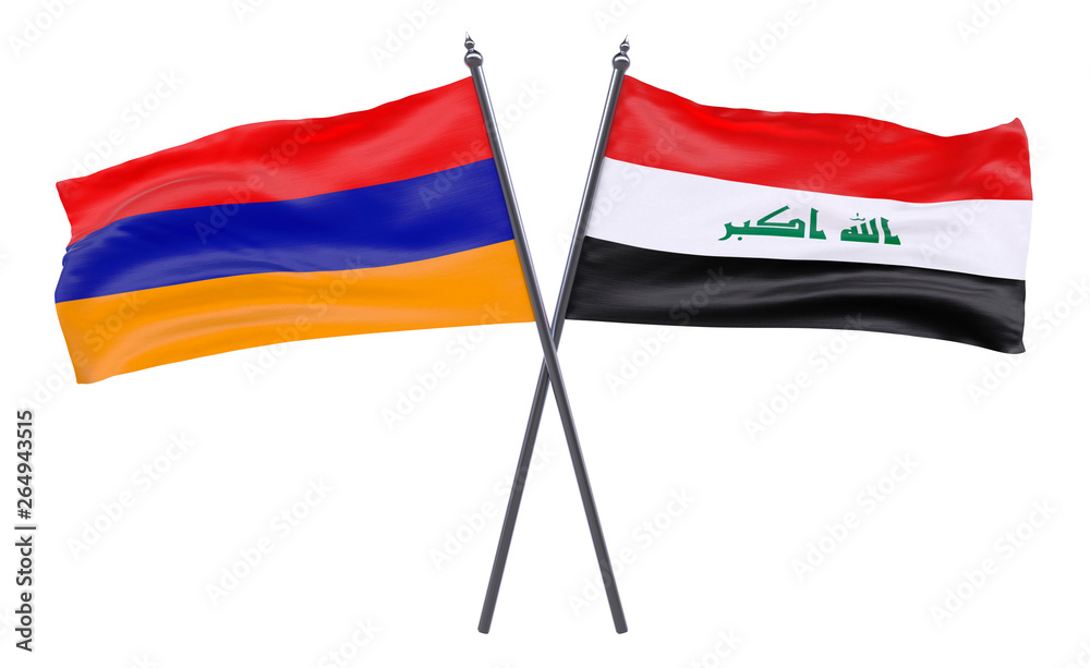 Armenia and Iraq, two crossed flags isolated on white background. 3d image Armenia and Iraq, two crossed flags isolated on white background. 3d image