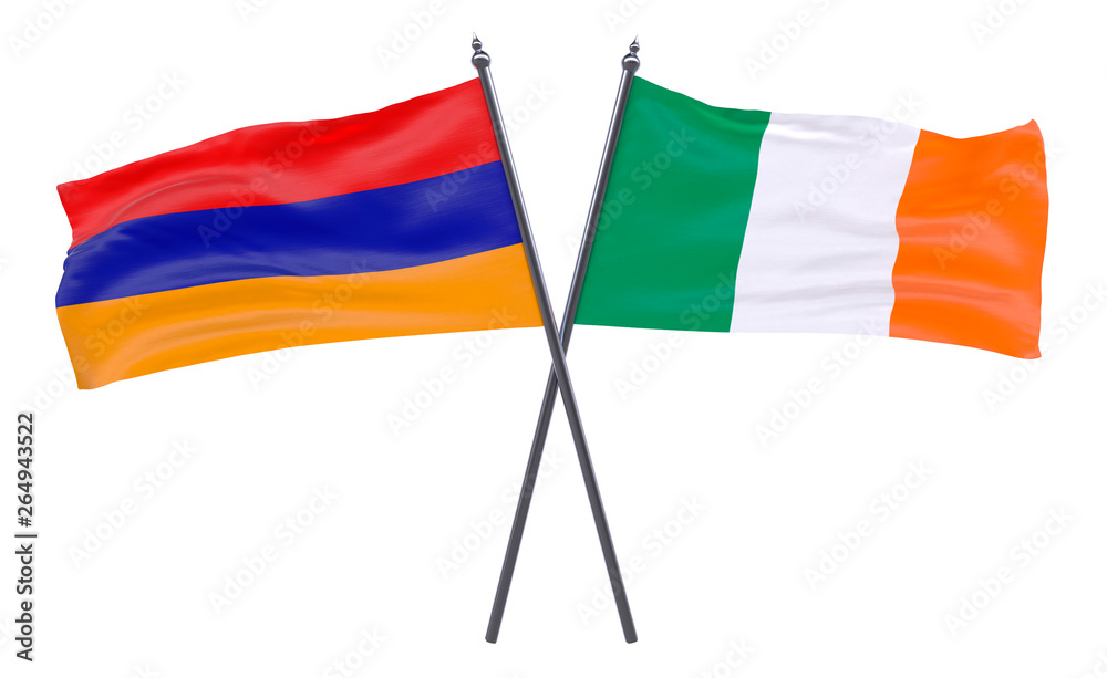 Armenia and Ireland, two crossed flags isolated on white background. 3d image Armenia and Ireland, two crossed flags isolated on white background. 3d image