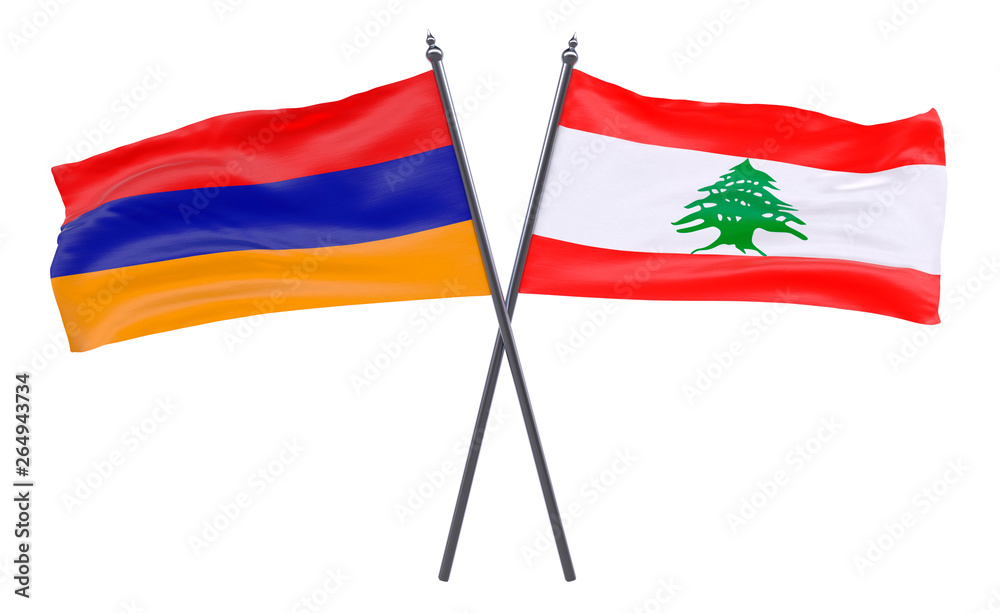 Armenia and Lebanon, two crossed flags isolated on white background. 3d image Armenia and Lebanon, two crossed flags isolated on white background. 3d image