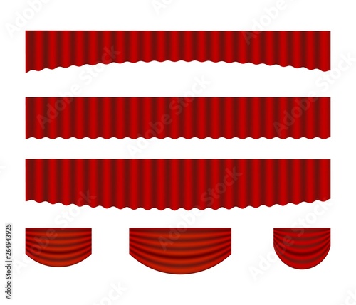 Set of Vector realistic red stage curtains. Luxury silk velvet curtains with drapery. Portiere drapes for ceremony performance, theater, opera scene, concert, grand opening template, cinema.