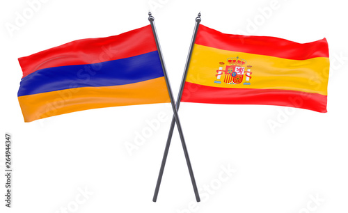 Armenia and Spain, two crossed flags isolated on white background. 3d image