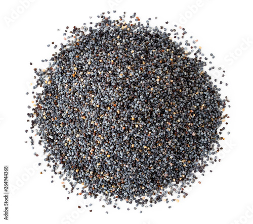 Heap of poppy seeds on a white. The form of the top.