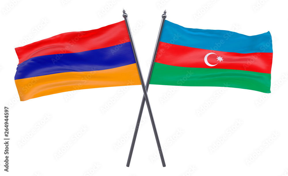 Armenia and Azerbaijan, two crossed flags isolated on white background. 3d image Armenia and Azerbaijan, two crossed flags isolated on white background. 3d image