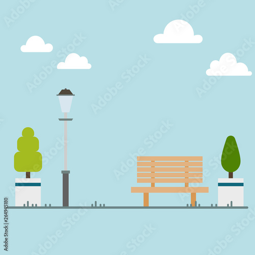 a wooden bench besides a grey lamp in a park among white clouds and light blue background. copy space design. vector illustration.