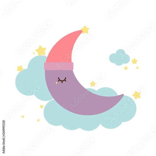 a cute crescent moon wears a pink hat and sleeps on the cloud. pastel color concept. vector illustration.
