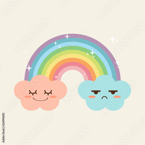 rainbow with clouds that have a happy pink on the left and an unhappy blue on the right. colorful concept. couple design. vector illustration.