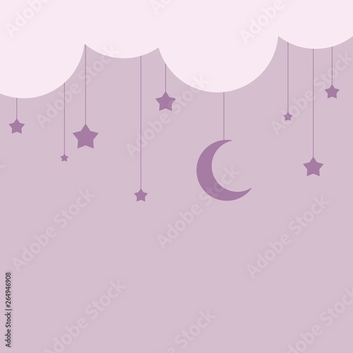 stars and moon hanging from huge cloud. night time concept. color shades of purple design. vector illustration.