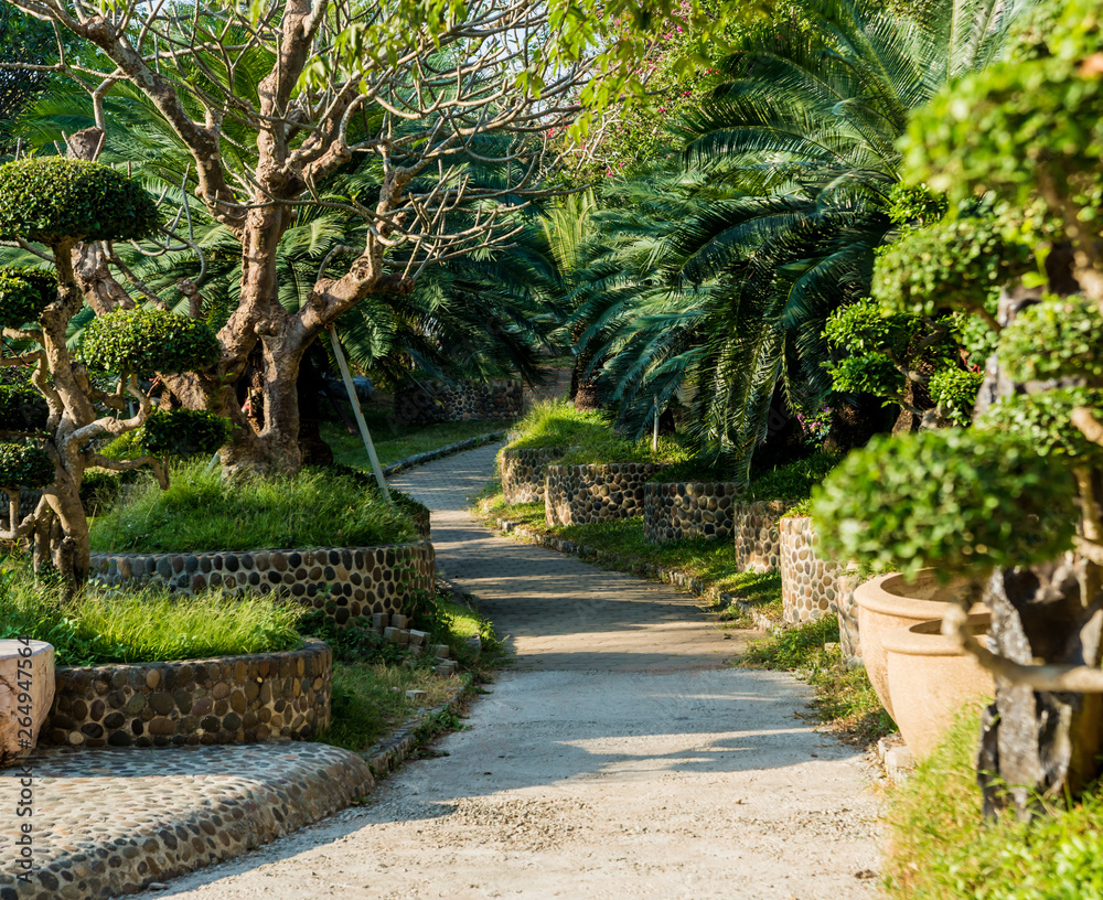 Luxury landscape design of the tropical garden. Beautiful view of tropical landscape