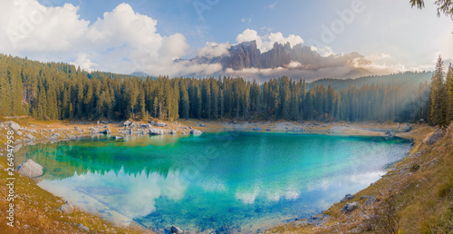 Fototapeta Naklejka Na Ścianę i Meble -  Carezza lake (Lago di Carezza, Karersee) with Mount Latemar, Bolzano province, South tyrol, Italy.