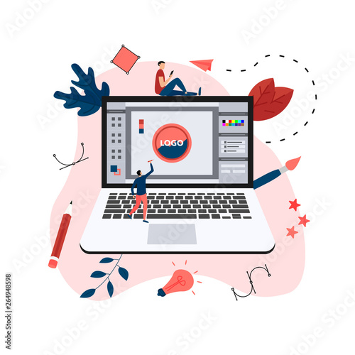 Flat vector graphic design concept with computer designer with an open design application with a creative project	
