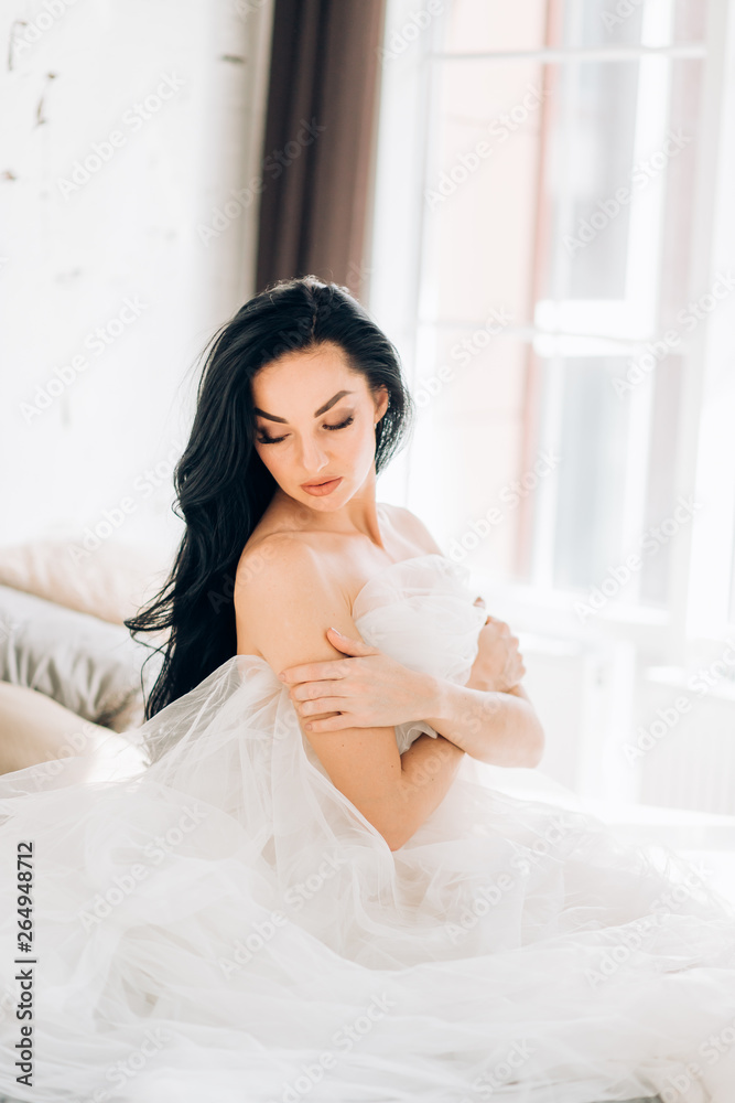 Boudoir portrait of beautiful bride. Bride wedding morning. Boudoir portrait of beautiful bride. Bride wedding morning.