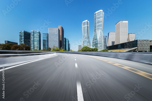 Empty road floor surface with modern city landmark buildings of hangzhou bund Skyline,zhejiang,china © onlyyouqj