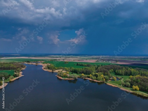 Aerial view of the pond in Nesvizh Park  Minsk Region  Belarus