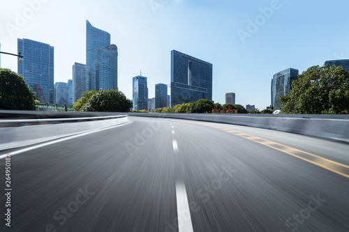 Empty road floor surface with modern city landmark buildings of hangzhou bund Skyline zhejiang china