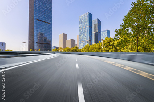 Empty road floor surface with modern city landmark buildings of hangzhou bund Skyline zhejiang china