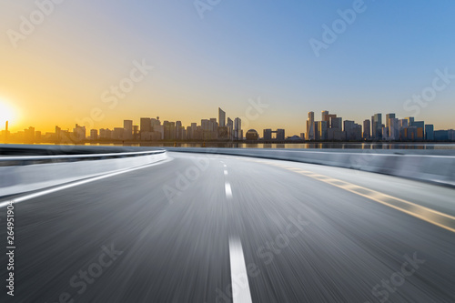 Empty road floor surface with modern city landmark buildings of hangzhou bund Skyline zhejiang china