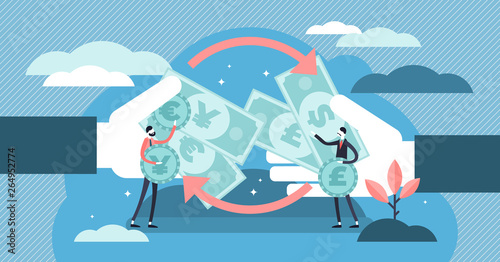 Money exchange vector illustration. Tiny financial currency persons concept