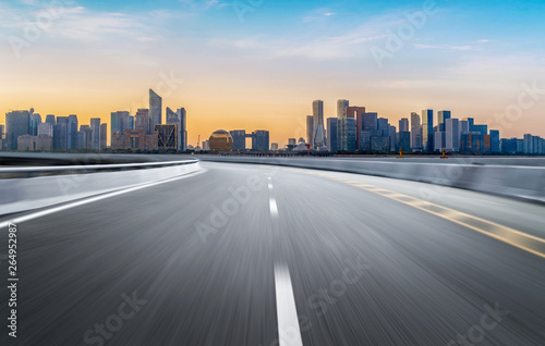 Empty road floor surface with modern city landmark buildings of hangzhou bund Skyline zhejiang china