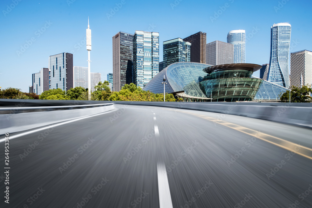 Empty road floor surface with modern city landmark buildings of hangzhou bund Skyline,zhejiang,china