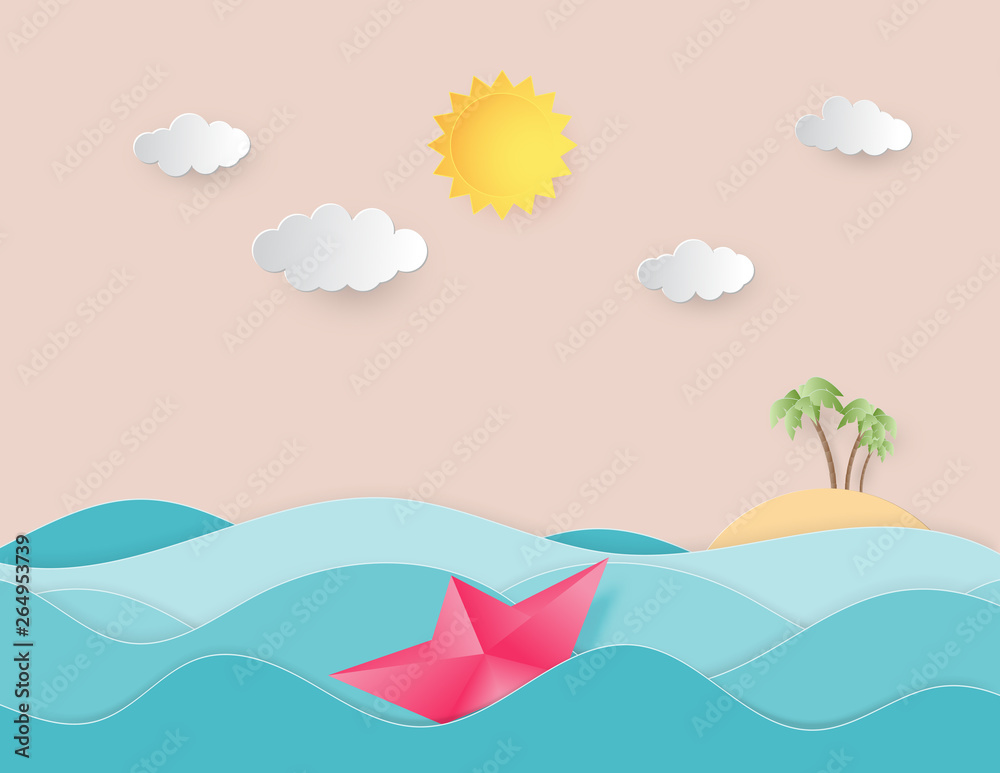 Ocean water wave with origami made sailing boat floating on the sea and sun paper cut style.