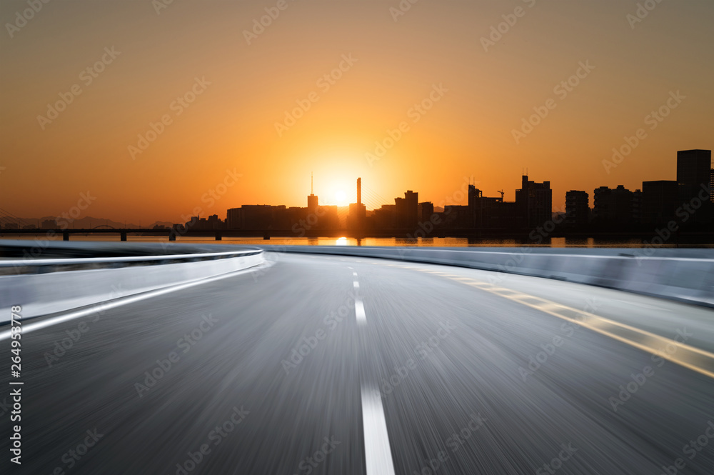Fototapeta premium Empty road floor surface with modern city landmark buildings of hangzhou bund Skyline,zhejiang,china