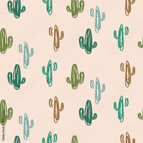 Green cacti modern youthful pattern seamless vector texture.