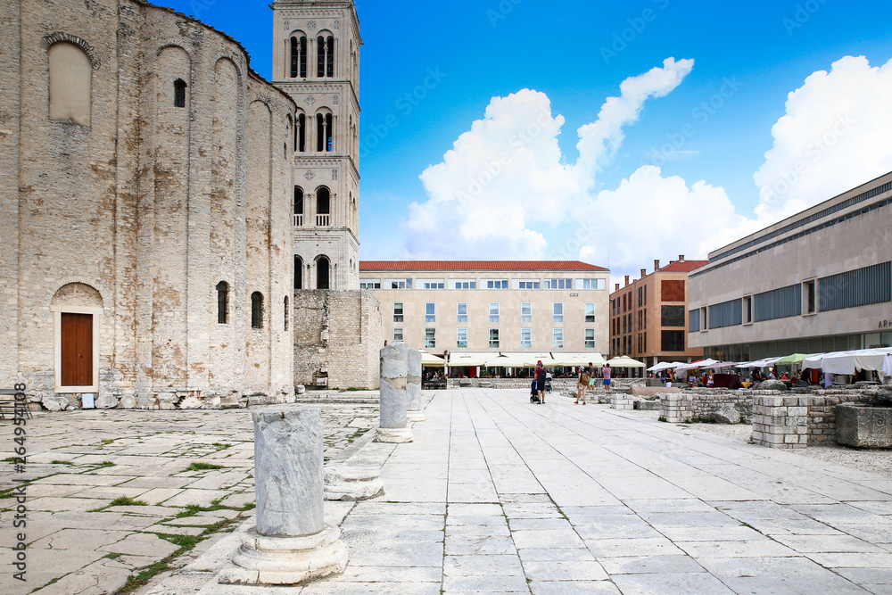 Zadar, old town square with roman forum and Santa Donata church