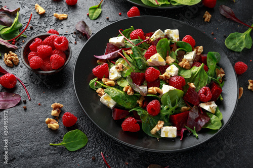Healthy Beet Salad with raspberry, walnuts nuts and feta cheese