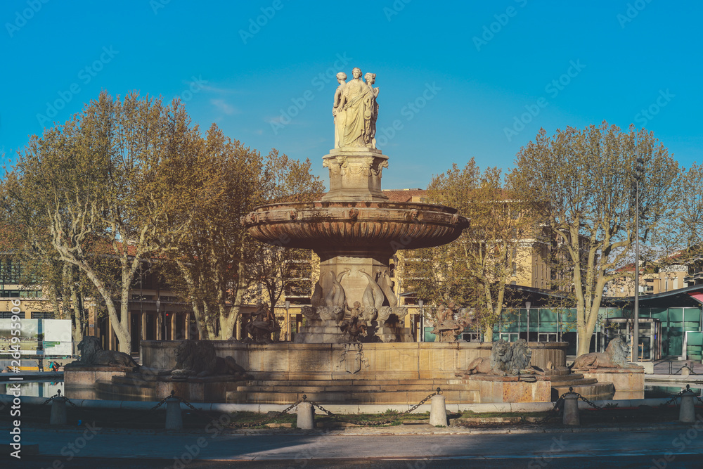 Fountain de la Rotonde with three sculptures of female figures presenting Justice in Aix-en-Provence in France
