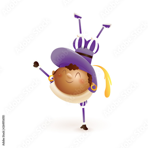 Purple Zwarte Piet - happy and cute Sinterklaas or Saint Nicholas helper - isolated on white background