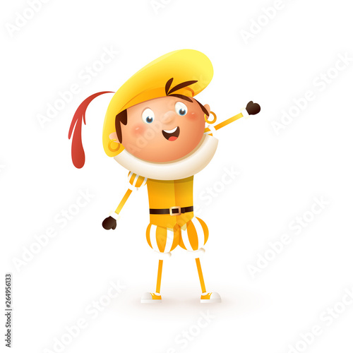 Yellow Zwarte Piet - happy and cute Sinterklaas or Saint Nicholas helper presented - isolated on white background