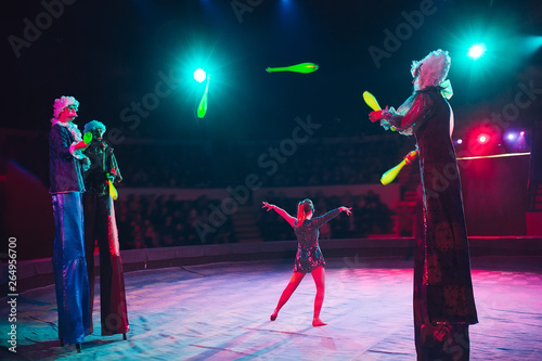 The performance of stilt-walkers in the circus.