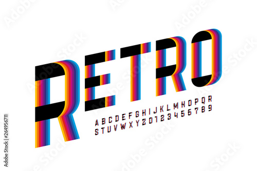 Retro style colorful font, alphabet letters and numbers