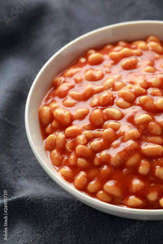 Baked beans in tomato sauce in white bowl