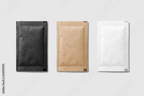 Set of various sugar packet isolated on light grey background - High resolution. photo