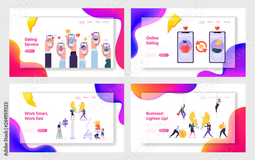 Online Dating Service and Business Team, Website Landing Page Templates Set. Mobile Application for People Chatting, Employees Set Light Bulb Puzzle Web Page. Cartoon Flat Vector Illustration, Banner