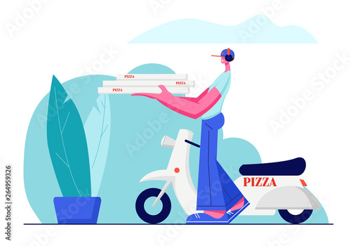 Pizza Delivery Service, Fast Moped Order Shipping. Cute Guy in Cap Carry Pile of Pizza Boxes in Hands to Address. Scooter Standing Behind on Landscape View Background. Cartoon Flat Vector Illustration