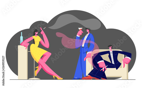 Young People Spend Time in Night Club Relaxing and Enjoying Nightlife, Smoking Cigarettes, Drinking Alcoholic Beverages. Leisure, Sparetime, Entertainment for Adults, Cartoon Flat Vector Illustration