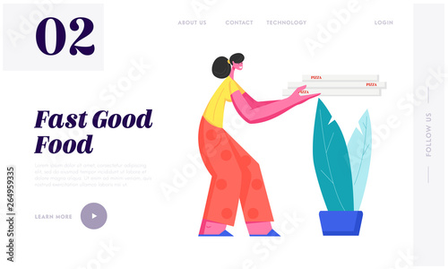 Young Woman Holding Pile of Italian Pizza Boxes Delivered at Home. Food Order Service, Meal Shipping to Address of Destination, Website Landing Page, Web Page. Cartoon Flat Vector Illustration, Banner