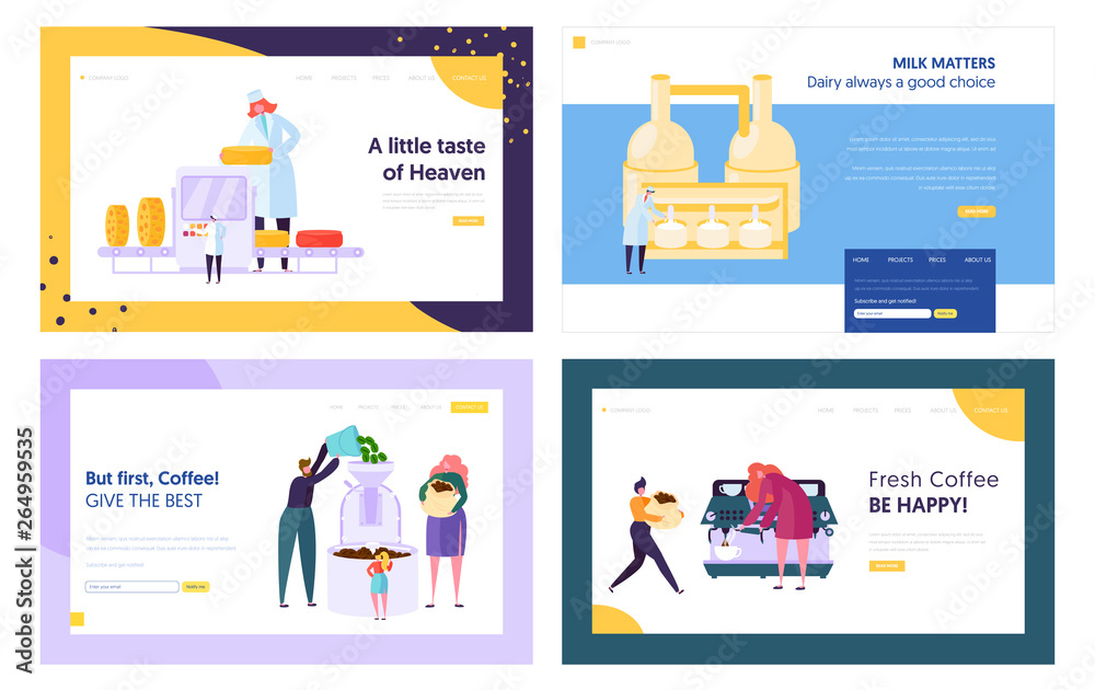 Naklejka Cheese and Milk Products Manufacture, Frying and Making Coffee Website Landing Page Templates Set. Dairy Production Industry, Beverage, Coffee Machine Web Page Cartoon Flat Vector Illustration, Banner