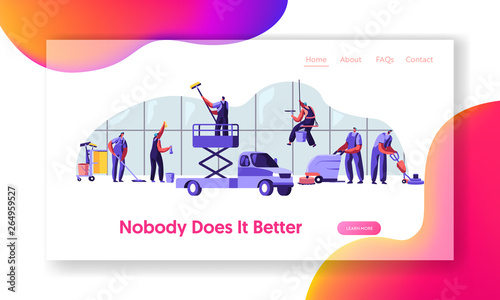 Workers in Uniform with Equipment Cleaning Room. Service of Professional Cleaners at Work Mopping, Vacuuming and Sweeping Floor Website Landing Page, Web Page. Cartoon Flat Vector Illustration, Banner