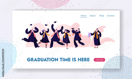 Graduating Students in Gowns and Caps Jumping and Cheering Up Happy to Get Diploma Certificate and Finish University Education. Website Landing Page, Web Page. Cartoon Flat Vector Illustration, Banner