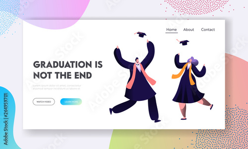 Happy Graduate Students Celebrate Diploma Certificate and End of Education in University. Man and Woman Throw Academical Cap Up Website Landing Page, Web Page. Cartoon Flat Vector Illustration, Banner