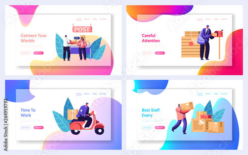 Post Office Service Website Landing Page Templates Set. People Send Letters and Parcels. Postmen Deliver Mail to Customers. Mail Delivery, Postage Web Page. Cartoon Flat Vector Illustration, Banner
