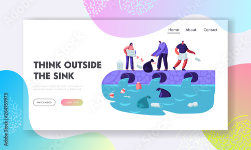Water Plastic Pollution. People Dumping Garbage Into River, Trowing Trash, Ocean Pollution, Ecology, Environment Protection, Website Landing Page, Web Page. Cartoon Flat Vector Illustration, Banner