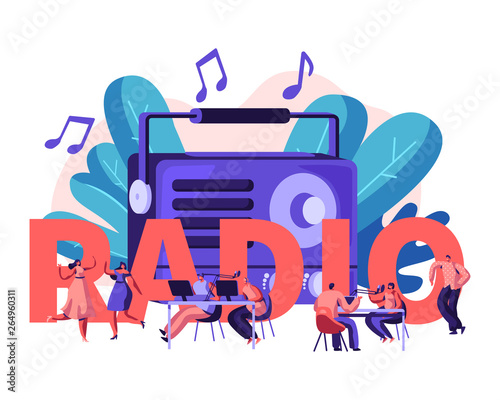 People and Radio Concept. Male and Female Characters Listen Music and News, Dance, Radio Host Broadcasting and Communicate with Listeners Poster, Banner, Brochure. Cartoon Flat Vector Illustration