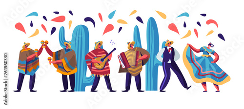 Cinco De Mayo Festival with Mexican People In Colorful Traditional Clothes, Musicians with Guitar, Maracas and Accordion and Dancers Celebrating National Holiday. Cartoon Flat Vector Illustration